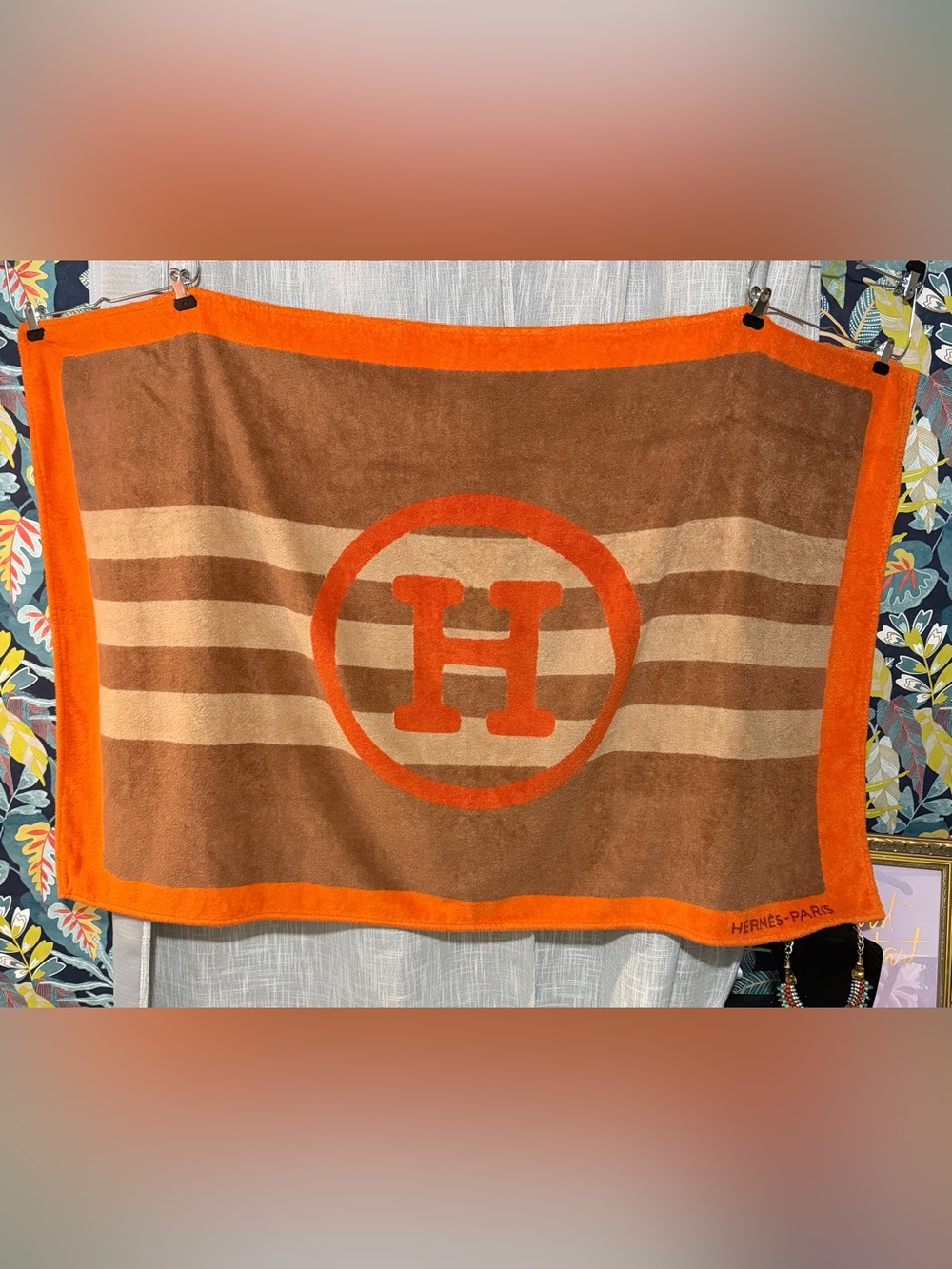 HERMES Beach Towel Bath Mat Towel H Logo Striped  57.5 X 35.5 Inches Used Auth - Picture 8 of 11